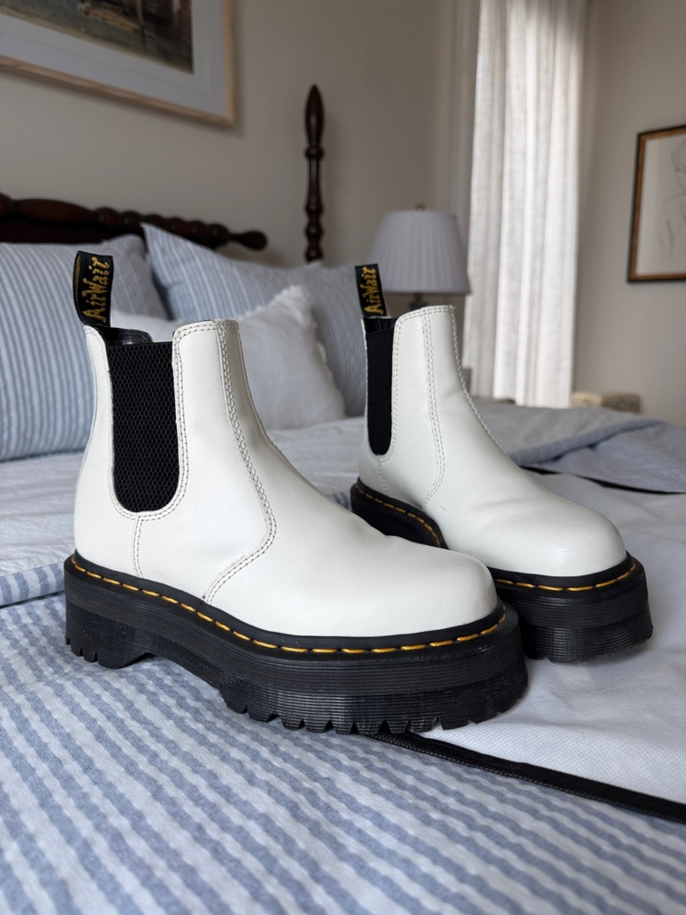 Dr. Martens White Platform Chelsea Boots with Black Lug Sole